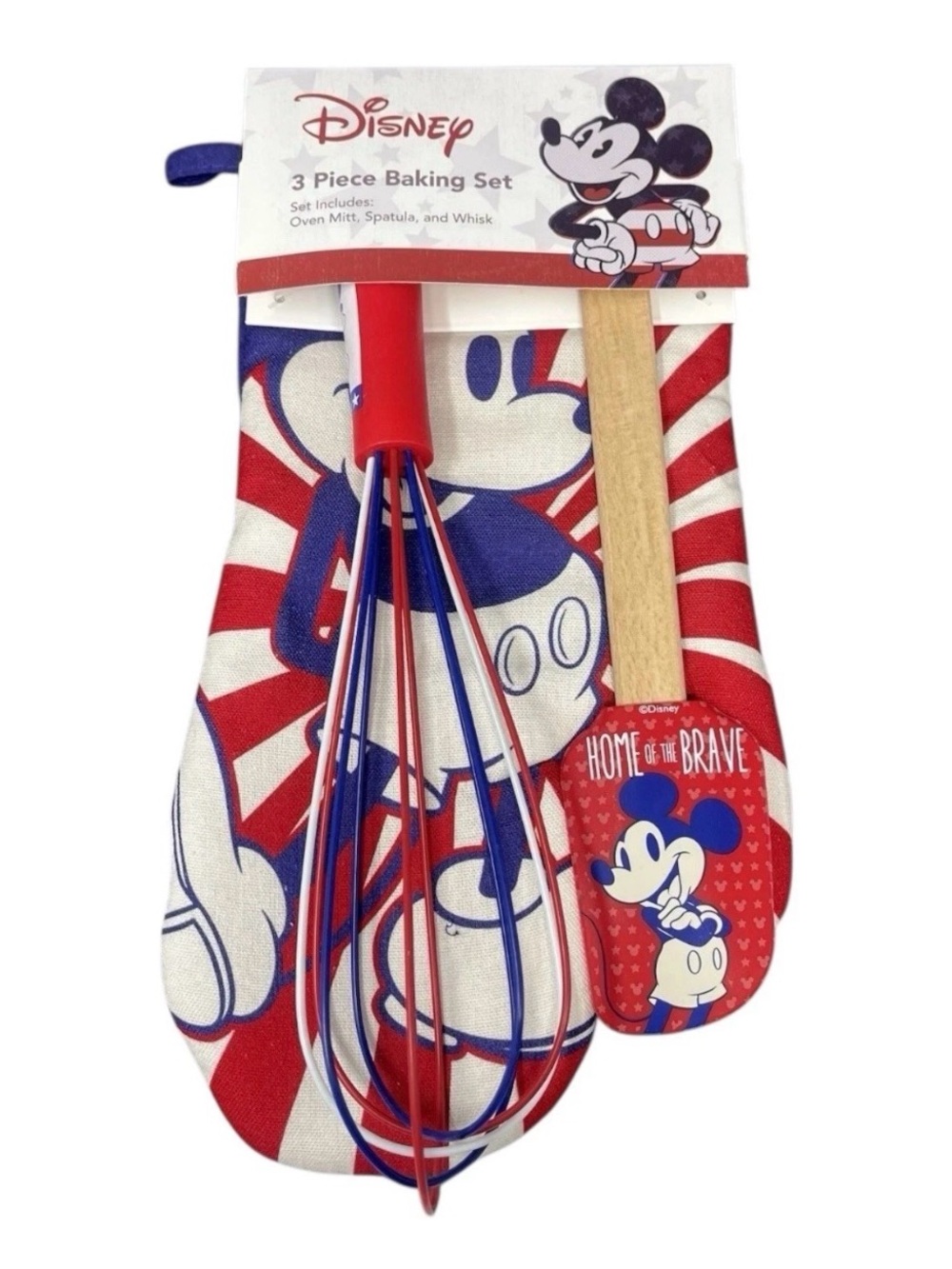 Disney Mickey Mouse 3 Piece Kitchen Set Oven Mitt Spatula Whisk USA July 4th NEW